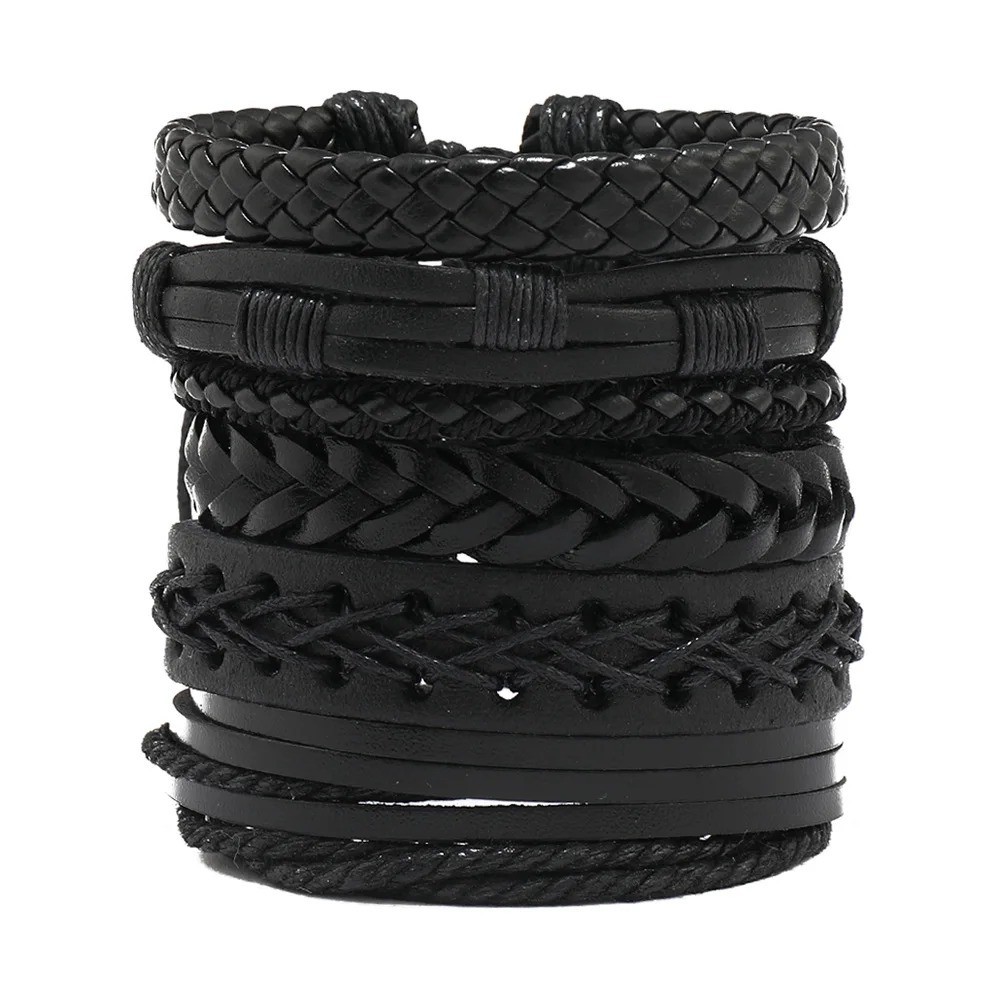 Vintage Braided Leather Bracelet Set 6PCS Adjustable Stackable Wristbands Men