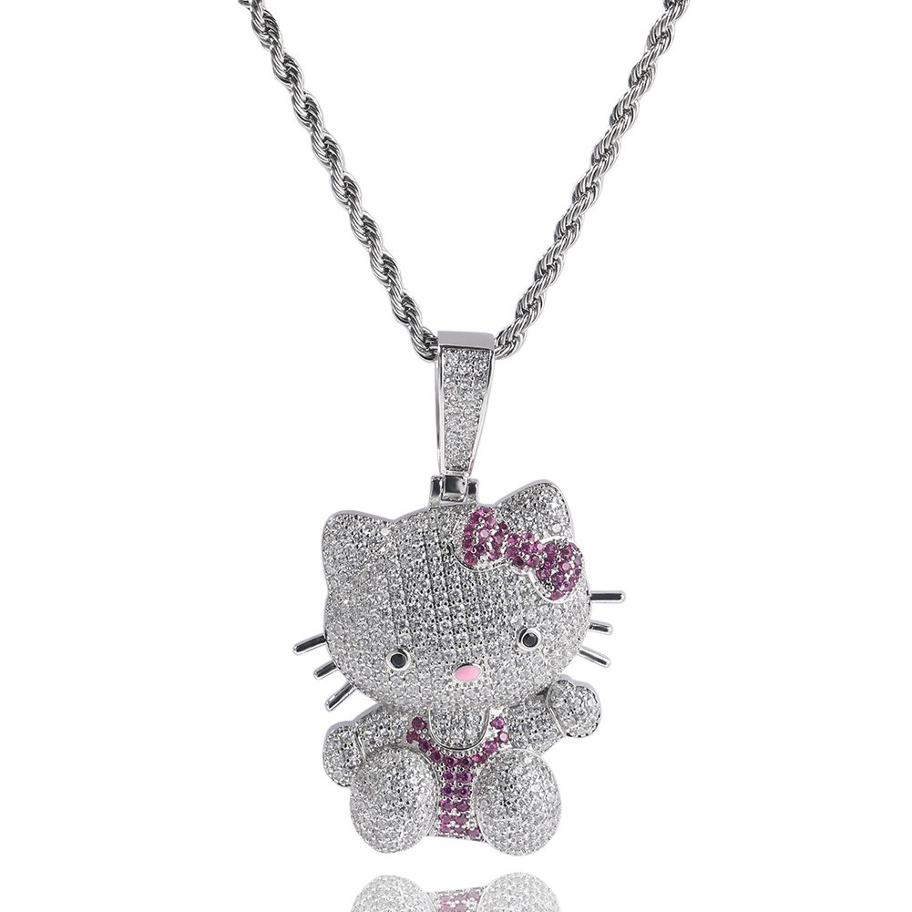 White Gold Plated 5A Iced Out Hello Kitty Pendant Men Chain Cartoon Jewelry Gift