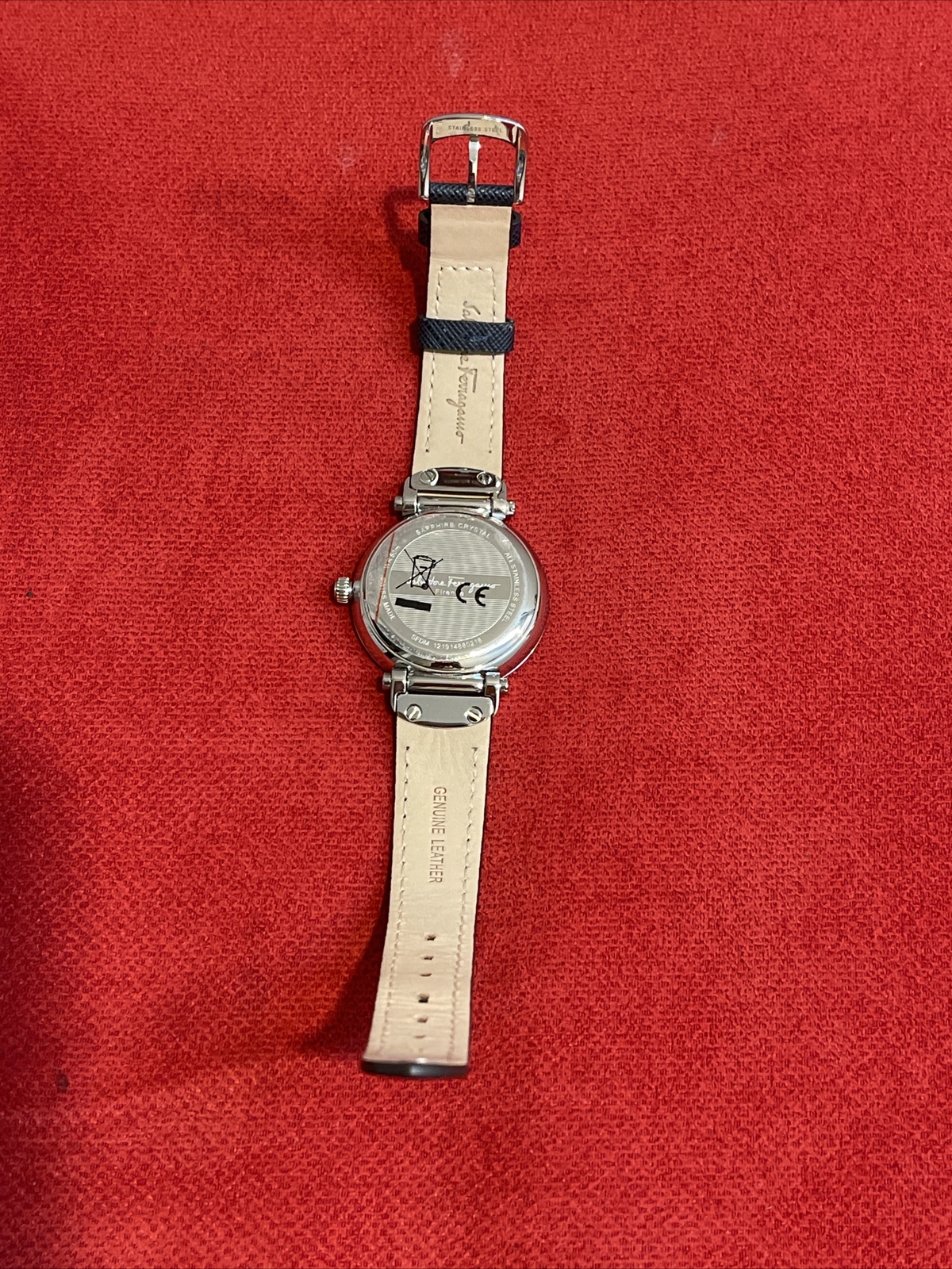 SALVATORE FERRAGAMO Blue Leather Floral Mother Of Pearl 12 Diamonds $1395