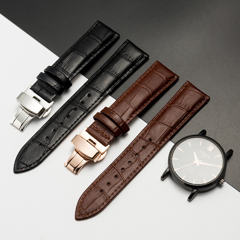 High Quality Cowhide Genuine Leather Watch Straps Butterfly Clasp Band 12-24mm