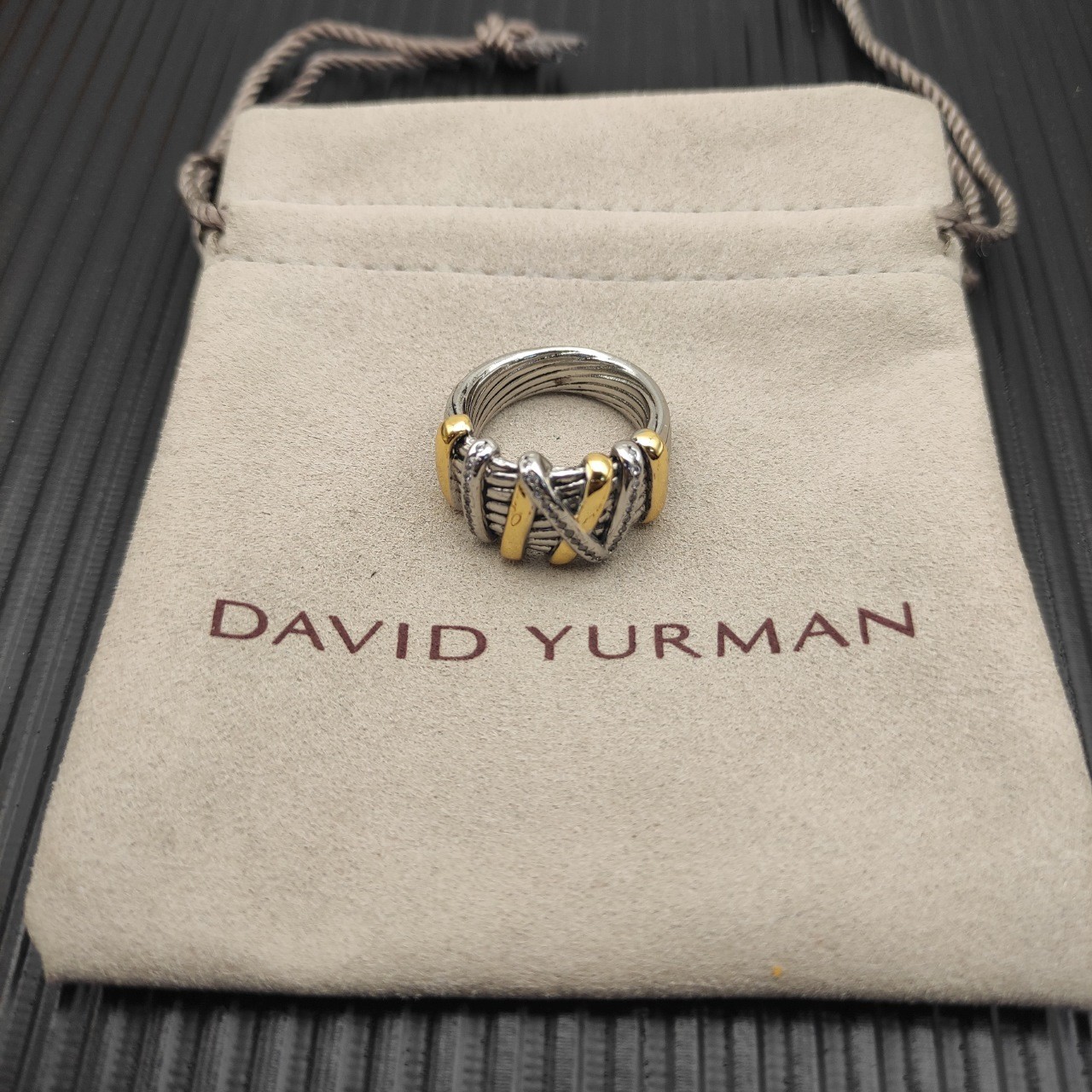 David Yurman Crossover Ring Sterling Silver 18K Yellow Gold With Pave Diamonds 7