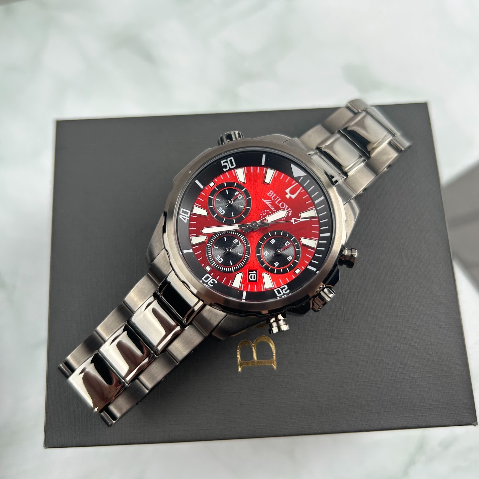 Bulova Marine Star 98B350 Red Dial Gray Band Chronograph Men’s Quartz Watch 43MM