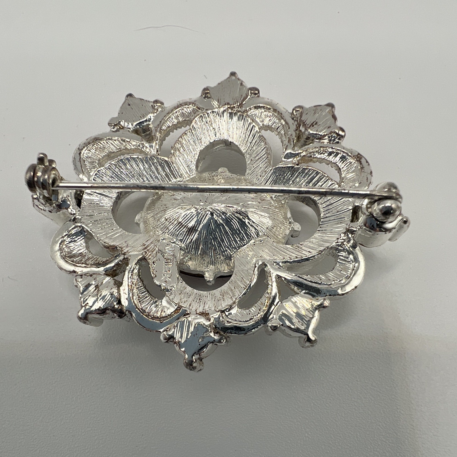 Napier Signed Silver Tone Flower Brooch Pin Amethyst/Rhinestone & Clear Accents