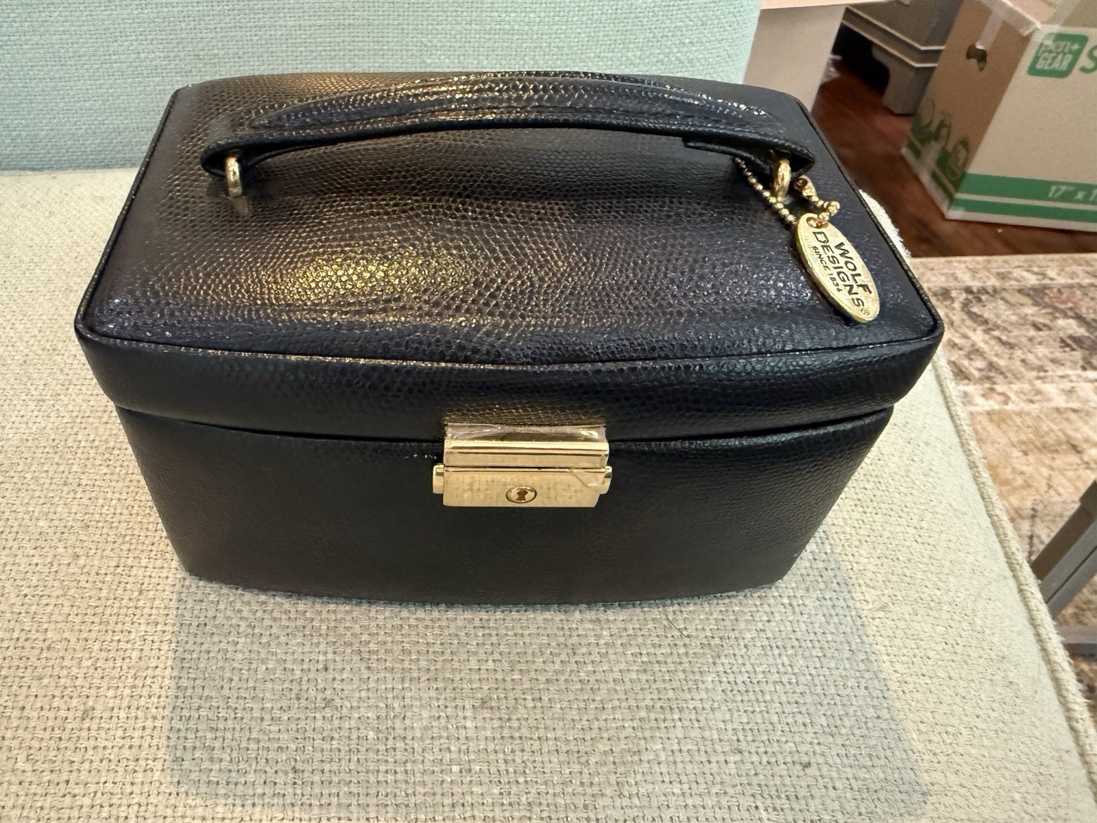 Wolf Designs Black Leather Jewelry Box Case w/ Mirror, Lockable, Lined