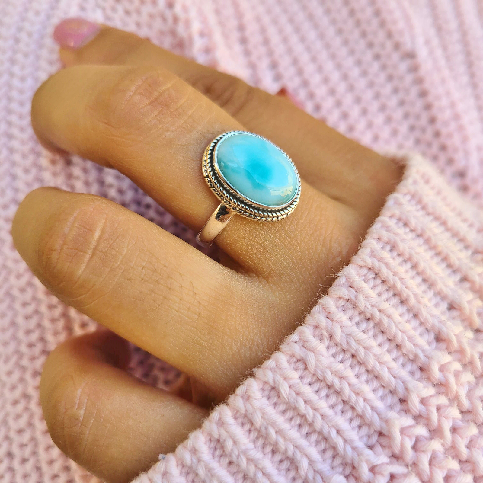 Genuine Larimar Ring 925 Sterling Silver Statement Ring Hand Made Ships From USA