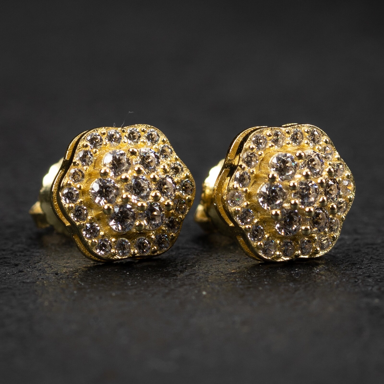 Round Flower Set Gold Plated 925 Sterling Silver Iced Cz Cluster Stud Earrings