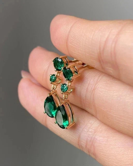 Sterling Silver Green Pear Shape Drop & Dangle Earrings with Gold Finished