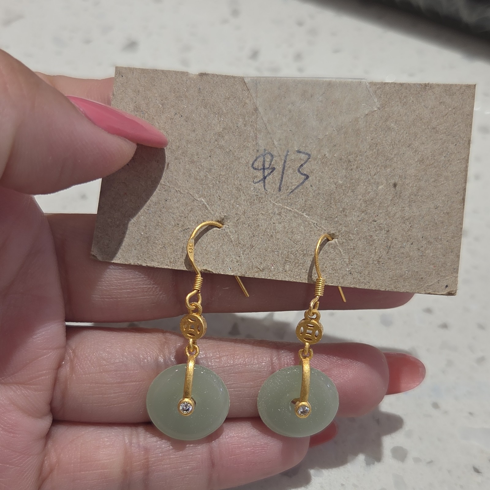Gold Tone Green Round Disc Drop Dangle Earrings, Hook Closure, No Stone