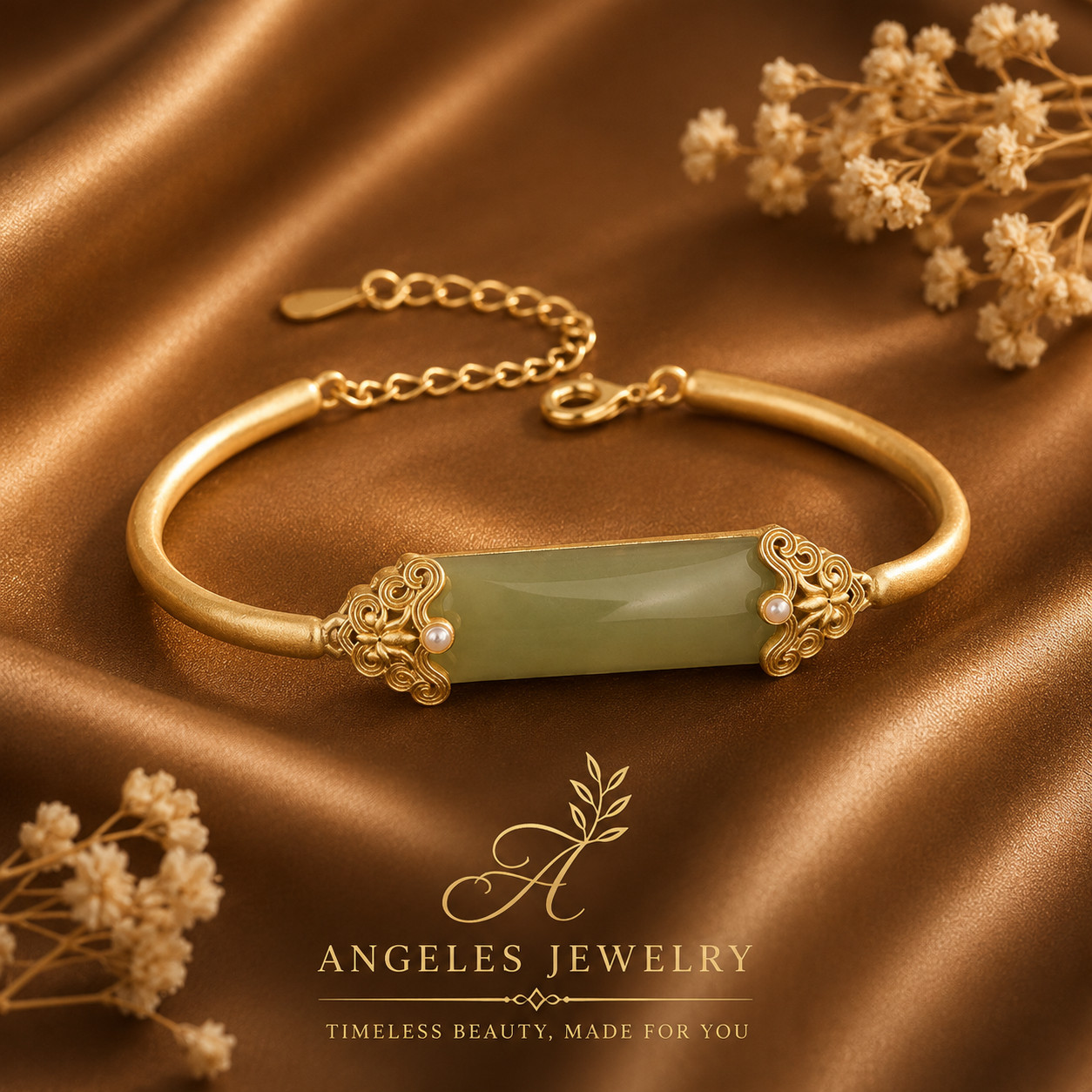 Green Jade Bangle Jade Charm Bracelet 18K Gold Plated Chain Dainty Gemstone