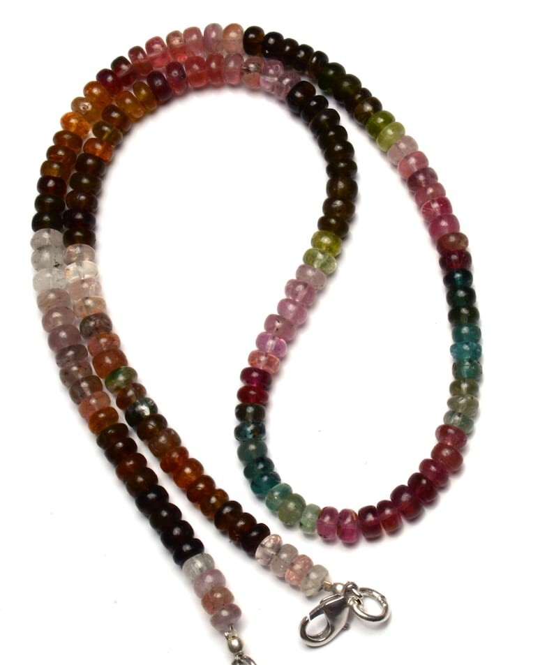 Natural Multi Color Tourmaline Smooth Rondelle Shape Gemstone Beads Necklace 18″