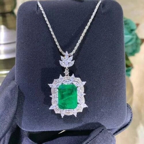 Emerald & Diamond 18K White Gold Over Pendant 18″ Chain Necklace Gifts For Her