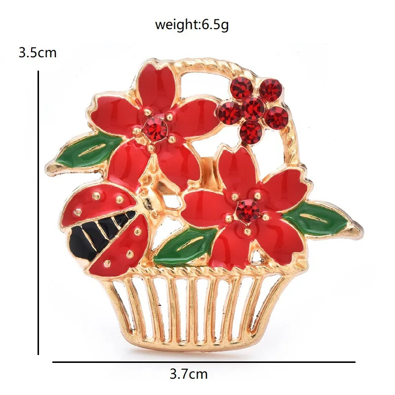 Easter Spring Ladybug Flower Basket Brooch Sparkling Rhinestone Pin Jewelry Gift