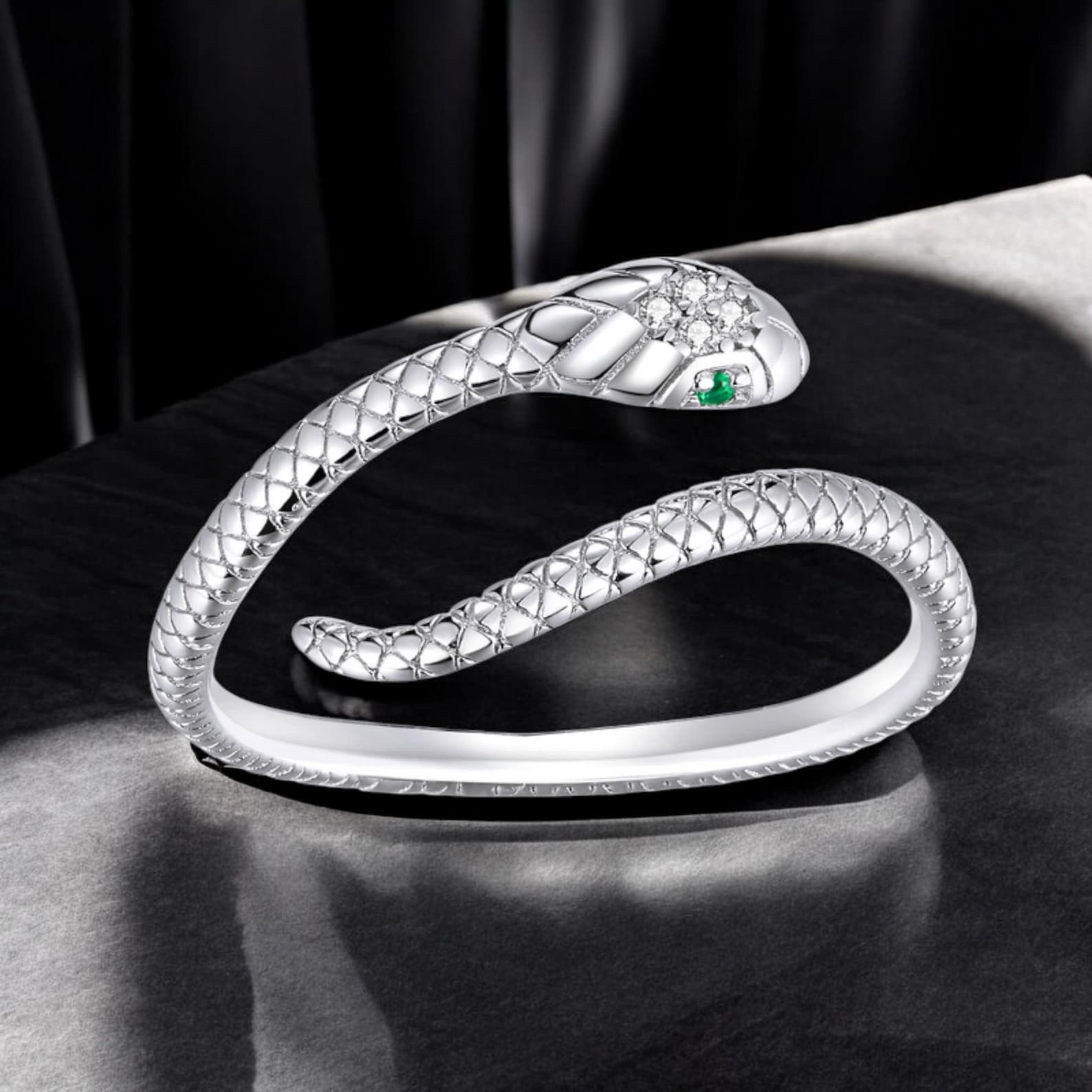 Snake Ring 925 Sterling Silver Adjustable Ring CZ Green Eye Gift Women Jewelry