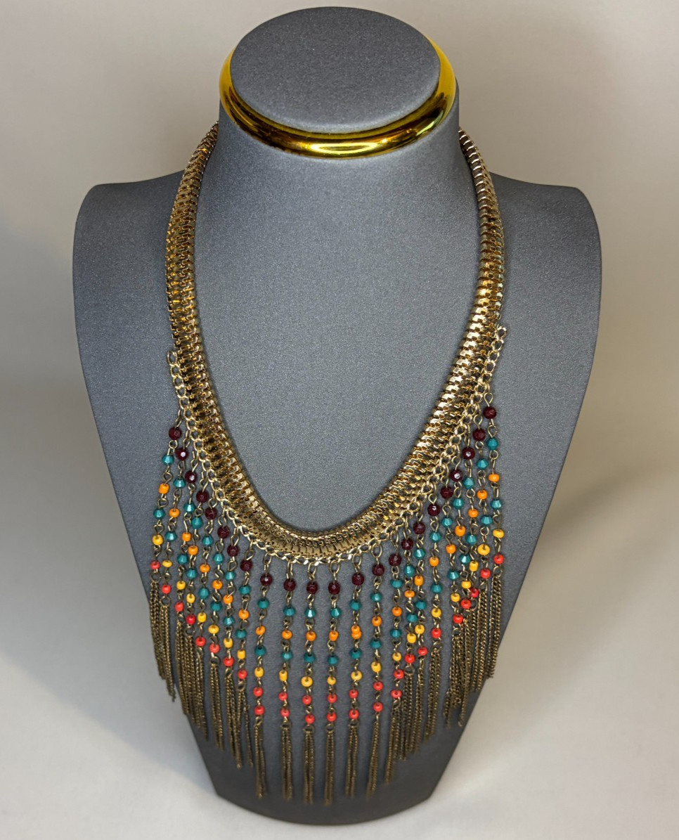 Boho Colorful Seed Bead Chain Fringe Statement Necklace Gold Tone Lobster Clasp