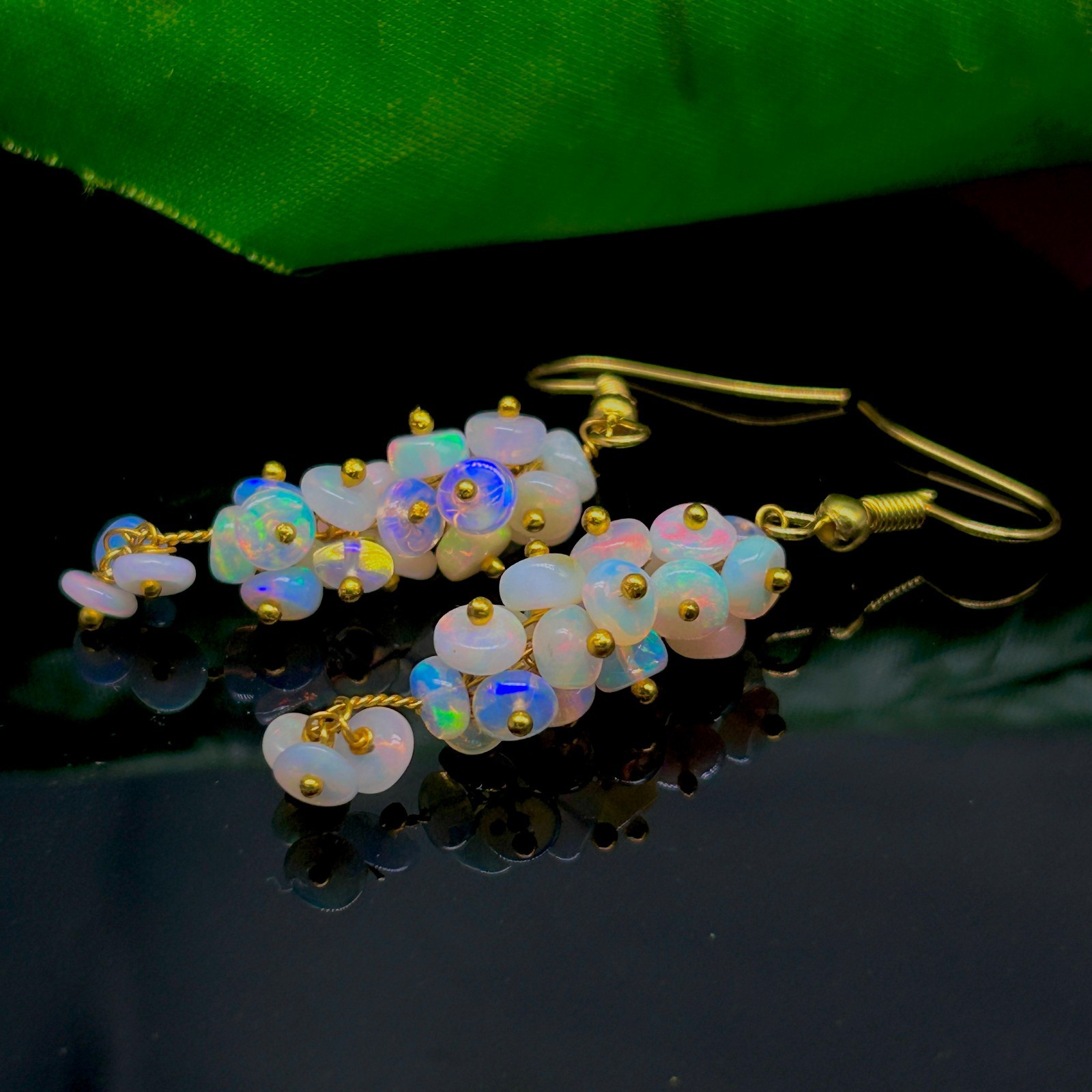Ethiopian White Opal Gemstone Beads Cluster Earring, Multifire Opal Beaded Gold