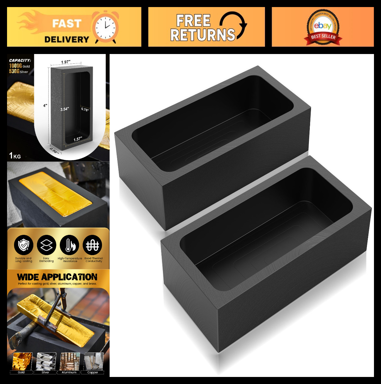 1kg Graphite Ingot Mold Set – Metal Casting & Melting, Heat Resistant 1800℃, Pur