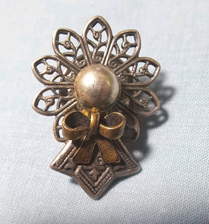 Vintage Kat’s Creations Signed Mixed Metal Angel Lapel Pin Faux Pearl Filigree