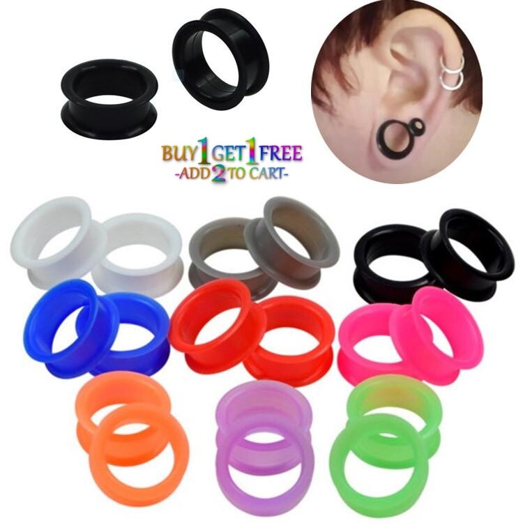 Pair 12g-50mm BLACK SILICONE FLAT FLARE TUNNELS Double Gauges Thin Flesh 3000