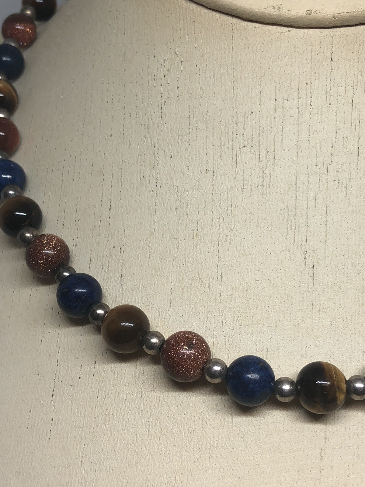 VTG TIGER EYE, LAPIS, SUNSTONE & SILVER BEADED NECKLACE ON SILK STRAND
