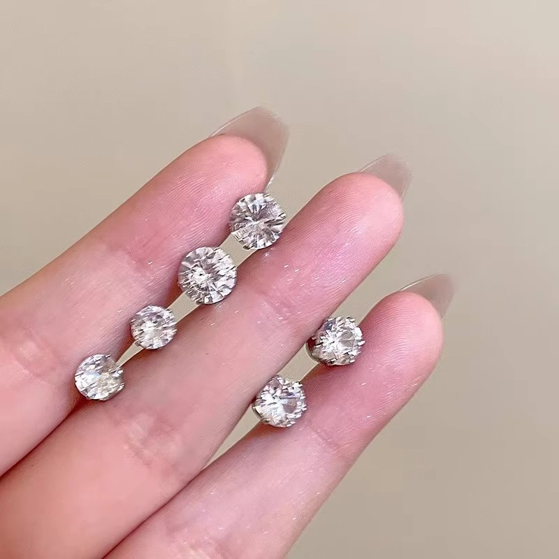 Silver Alloy Zircon Stud Earrings Set 12 Pairs Round Six Prong for For Gifts