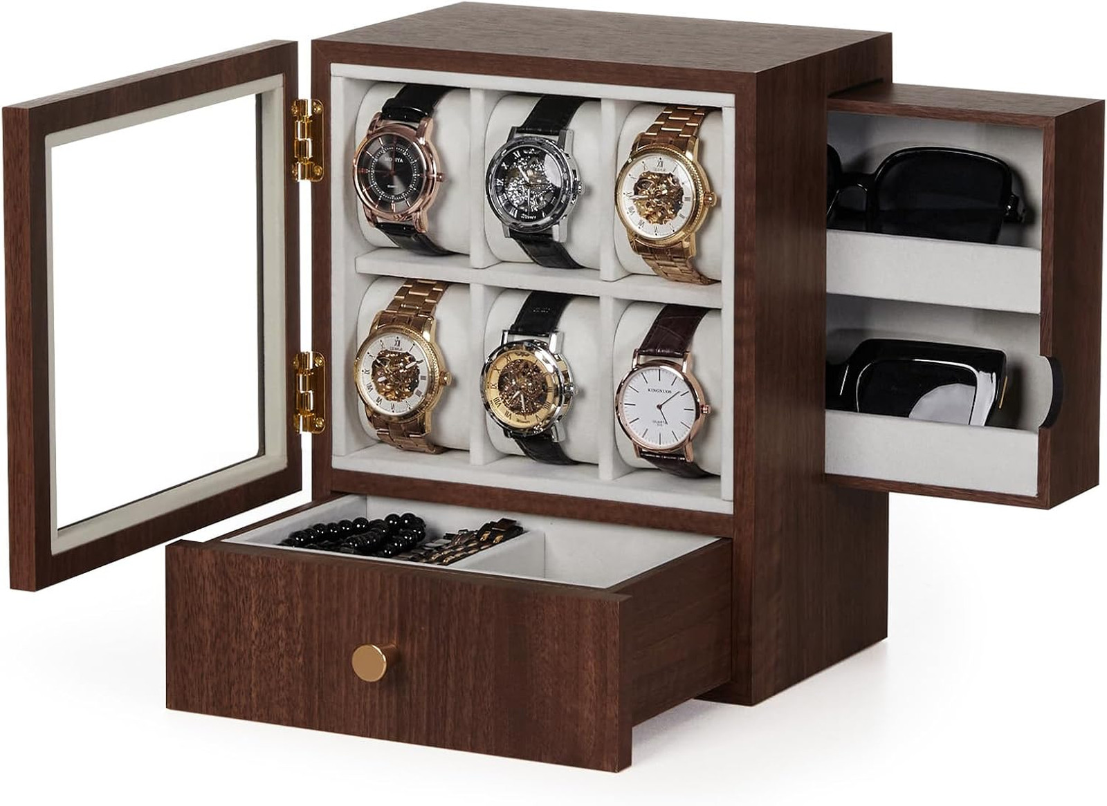 Wooden Watch Box for Men, Display Case with 6 Slots, Organizer for Watches