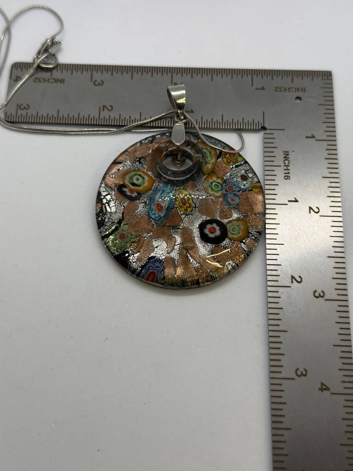 Multicolor Round Glass Pendant Charm Necklace Silver Tone Snake Chain 24in
