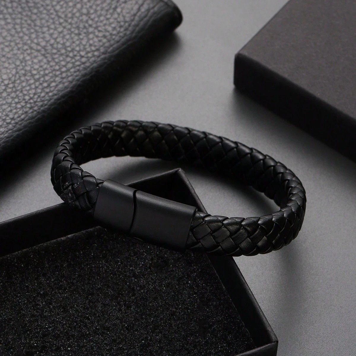 Men’s Genuine Leather Braided Bracelet Black Bangle with Stainless Steel Clasp P