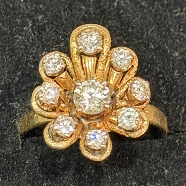 18K Yellow Gold Natural Diamond Flower Cluster Cocktail Ring Size 7 Sizable