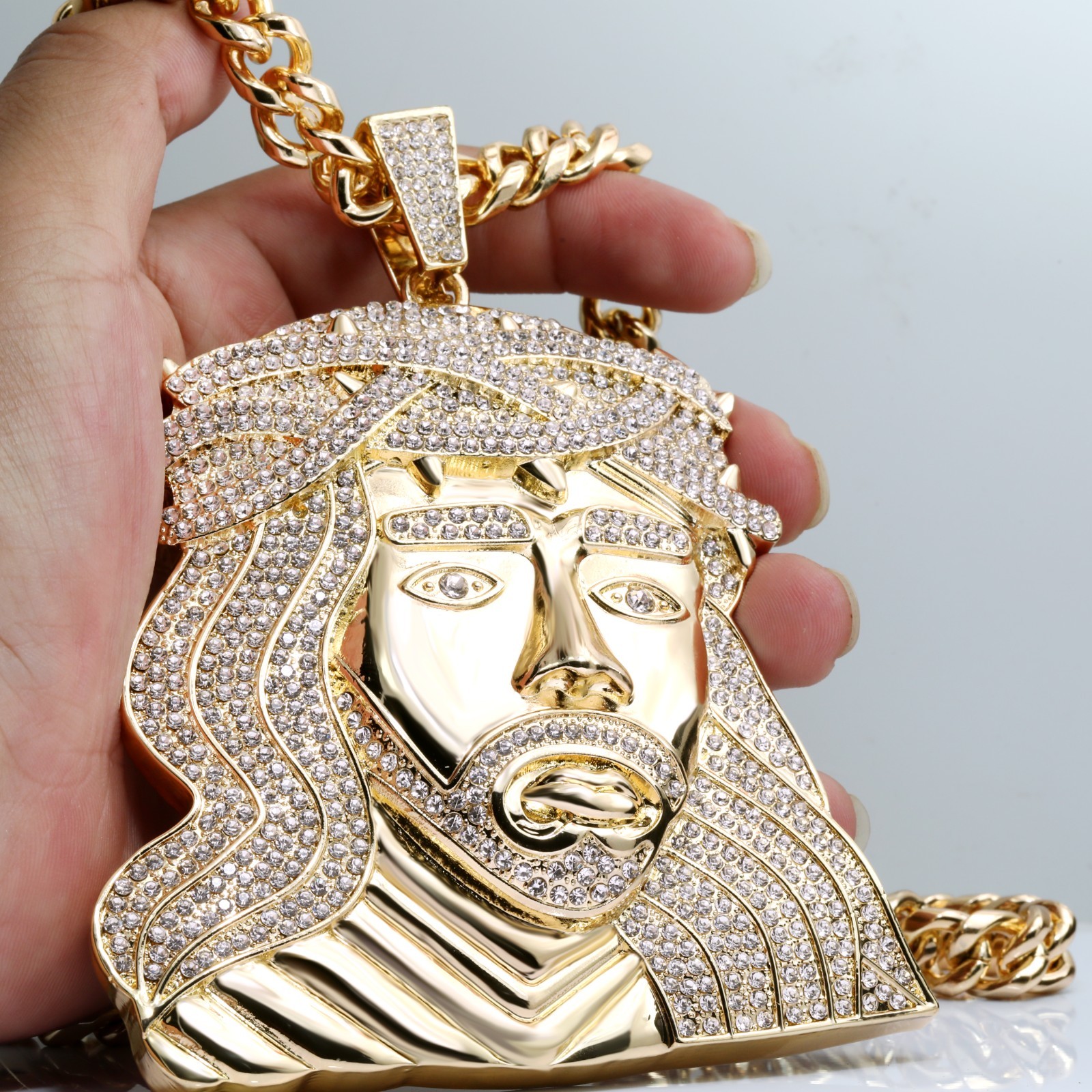 Miami Cuban Curb Chain Necklace 10mm 30In & Curly Hair Jesus Face Gold Plated XL