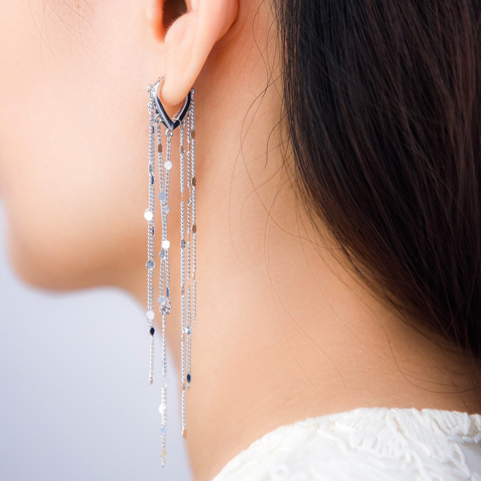 Long shiny chains dangle drop hoop earrings, Korean fashion earrings 