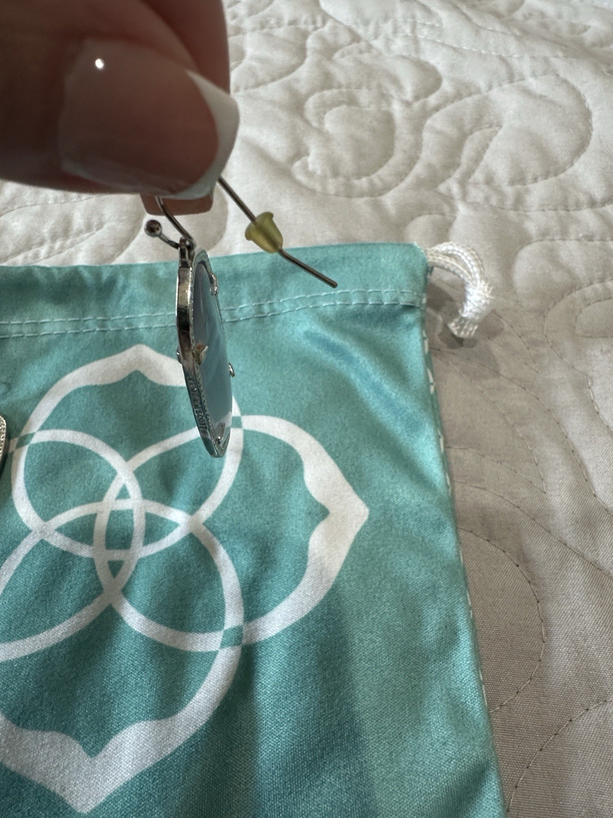 Kendra Scott Signed Silver Plated Gray Oval Glass Dangle Drop Hook Earrings