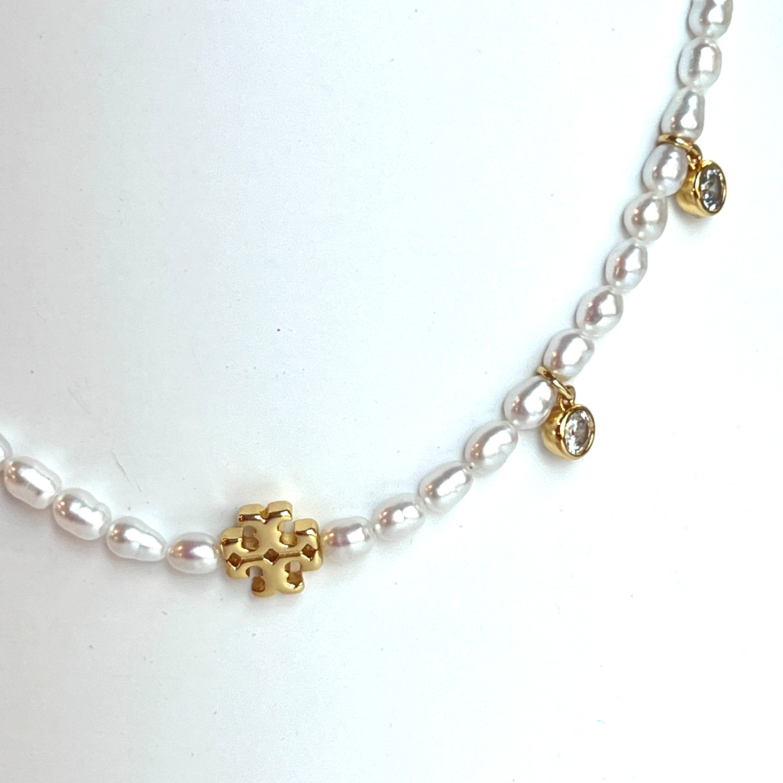 Tory Burch 18k Gold Bezel Crystal Charm Natural Pearl Adjustable Necklace NEW