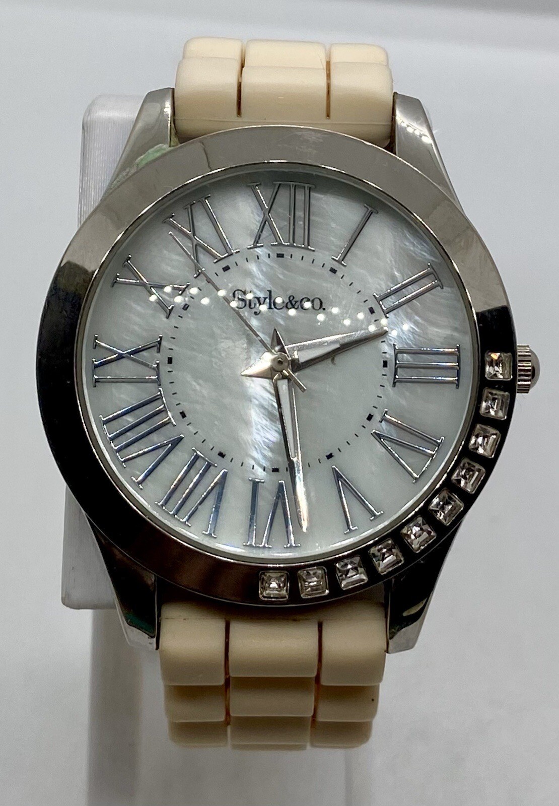 Style & Co. Ladies Watch W/fresh Battery Iced Large Roman Numbers MOP Dial NICE!