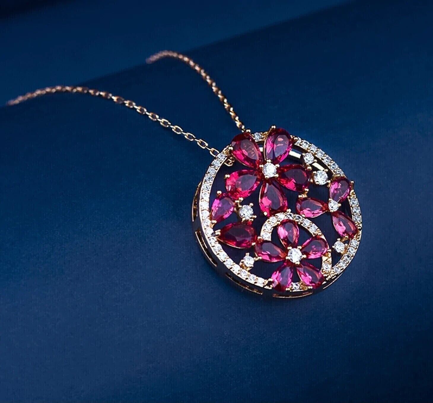 14K Rose Gold Plated In 2.40Ct Pear Cut Simulated Pink Sapphire Flower Pendant