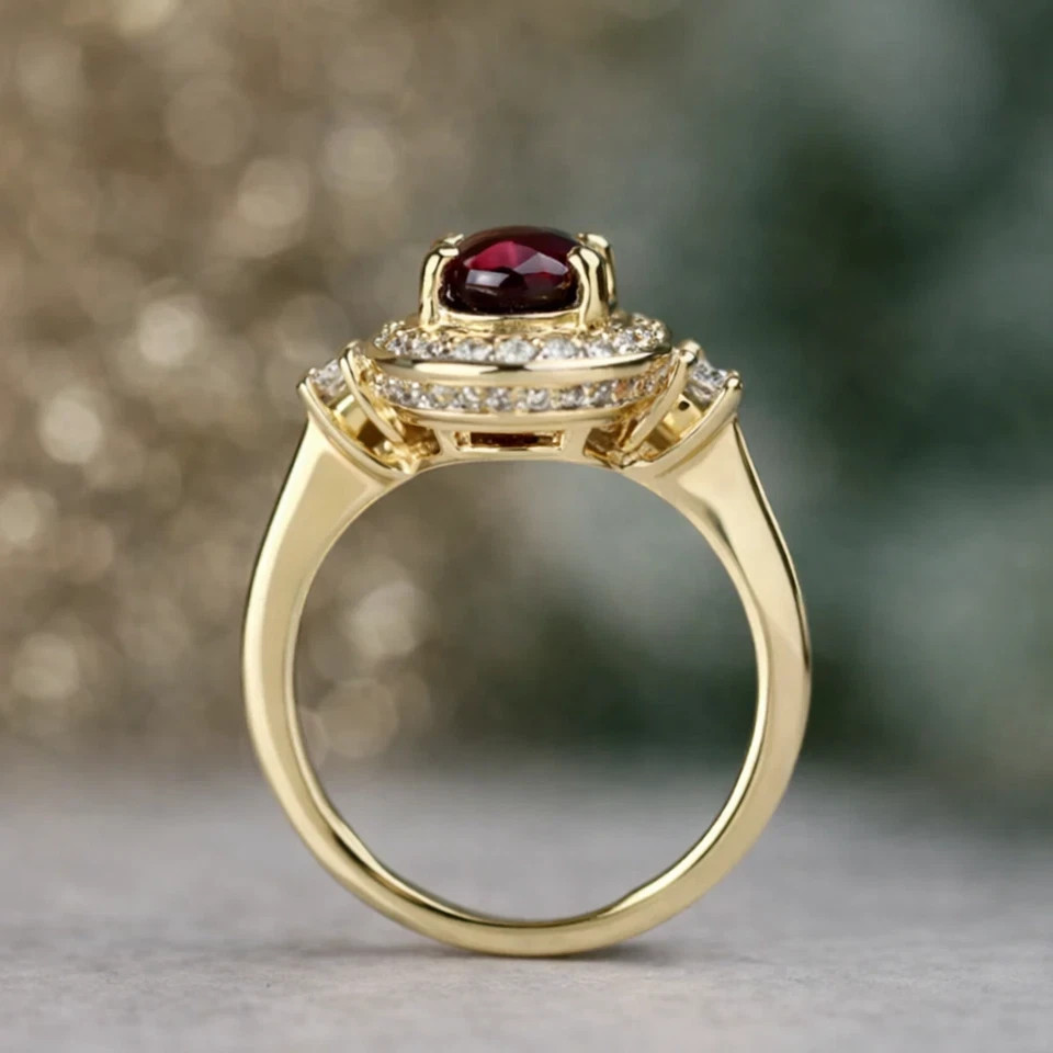 2.76 Ct Oval Cut Natural Ruby Diamond Wedding Ring 14K Yellow Gold