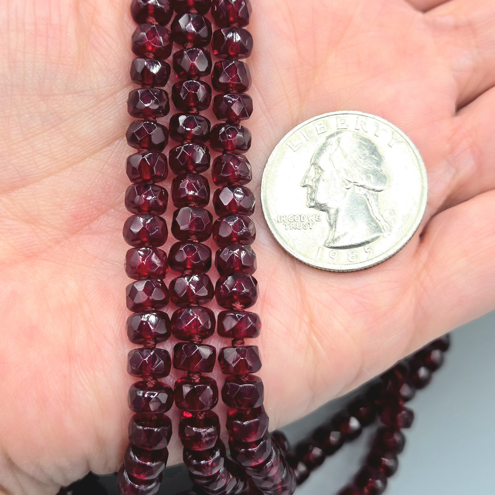 3 Strand Layered Hand Knotted Faceted Rondelle Garnet Glass Bead Necklace 17″