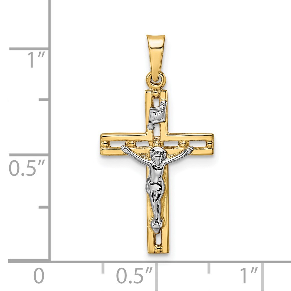 14k Two-tone Gold Polished Solid INRI Crucifix Pendant 0.65g L-27.3mm W-13.92mm