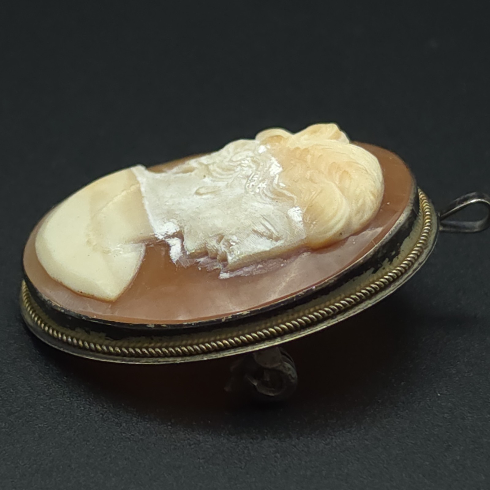 Antique 900 Silver Hand Carved Shell Cameo Brooch Pendant Convertible