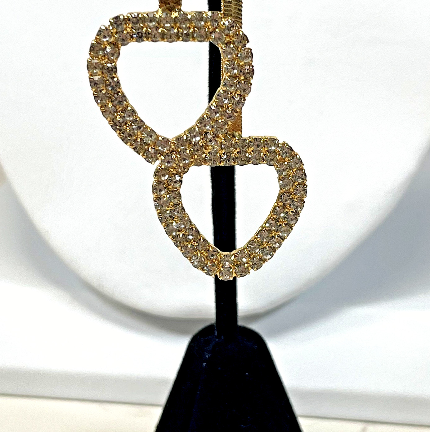 Gold Tone Herringbone Chain Drop Earrings Pave Rhinestone Open Heart Ball Stud