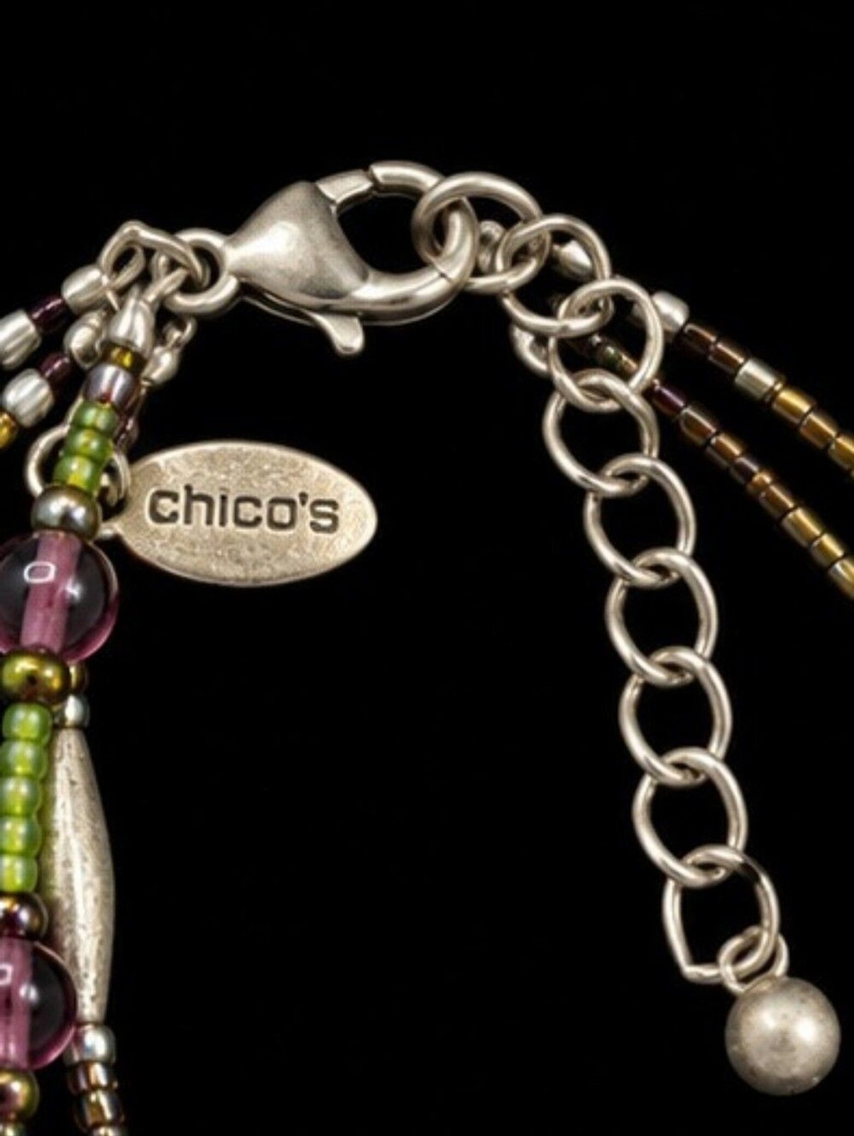 Chico’s Layered Beaded Necklace Mixed Metals Purple Green Artisan Pendant Boho