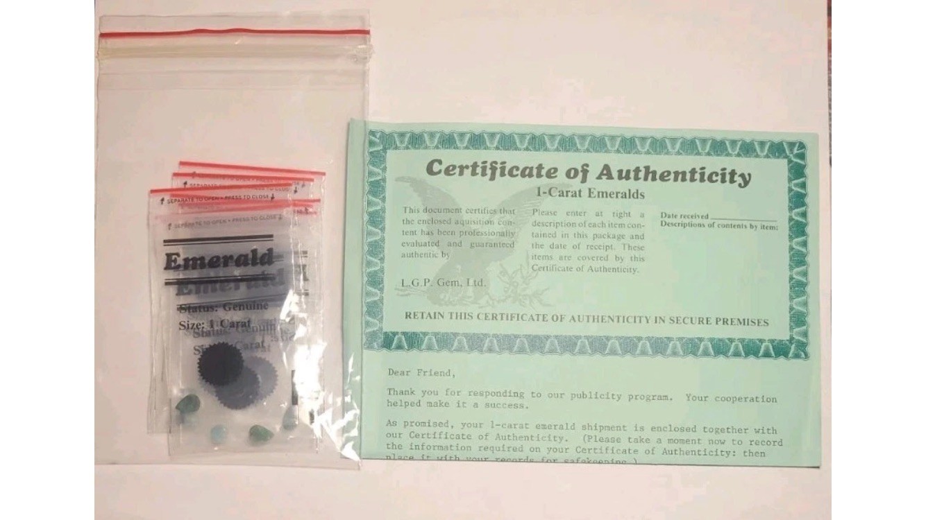 VTG 1 Carat Emeralds (7 Pieces) 1984 Publicity Sweepstakes L.G.P Gem Ltd.