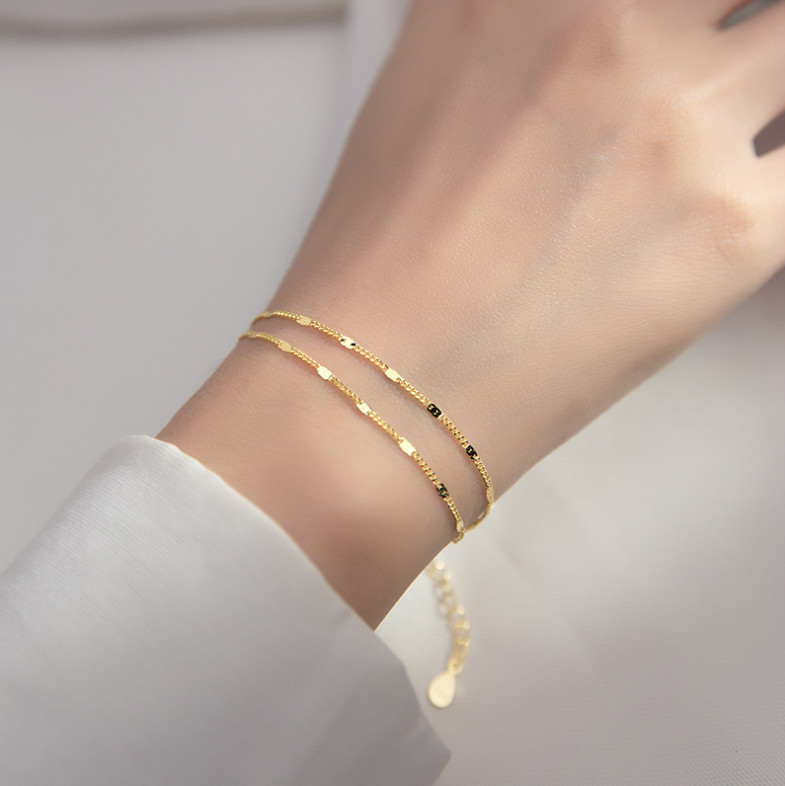 18K Gold Plated Stainless Steel 2 Layers Sequins Chain Women Girl Bracelet AC