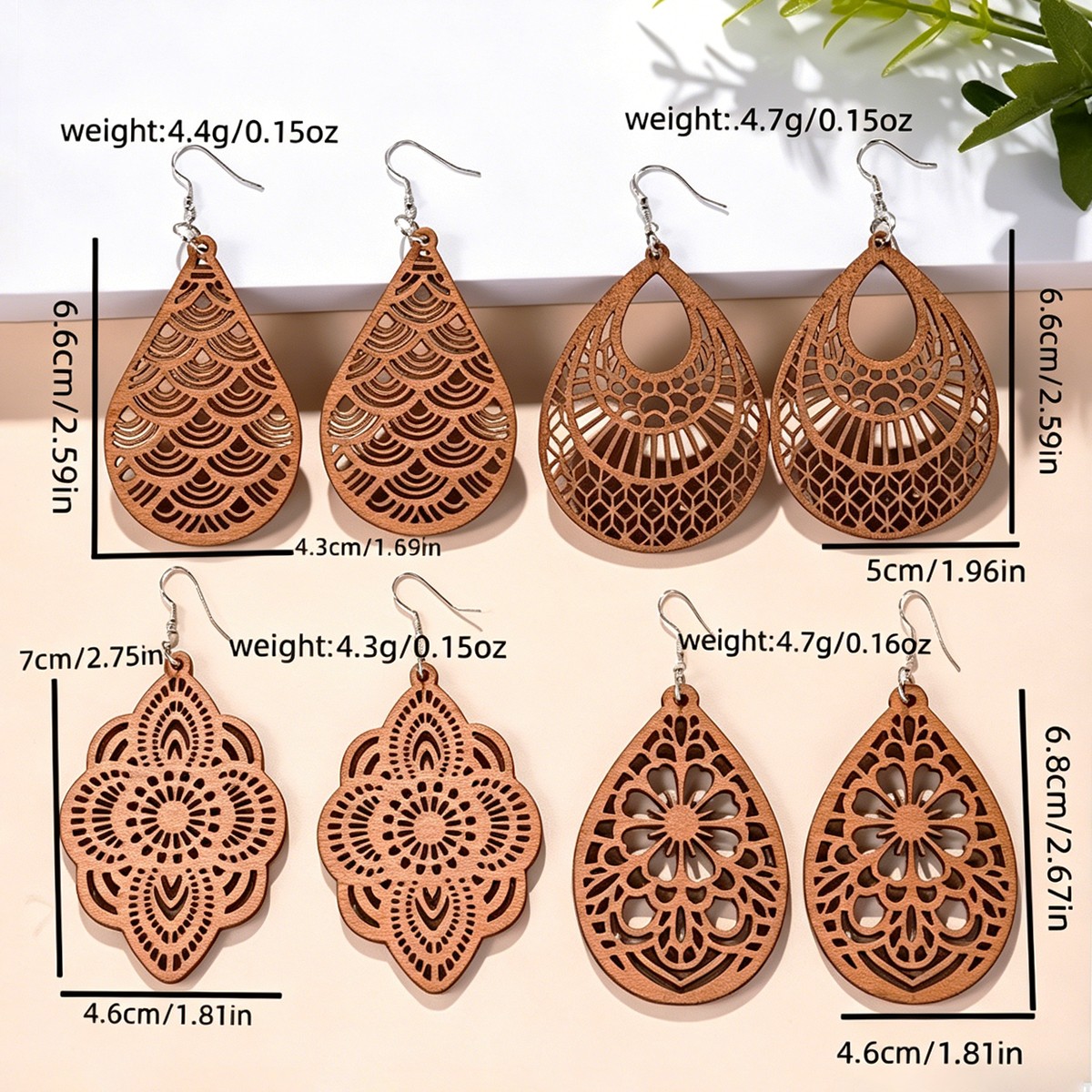 4 Pairs Wooden Dangle Earrings Boho Laser Cut Filigree Teardrop Jewelry Set