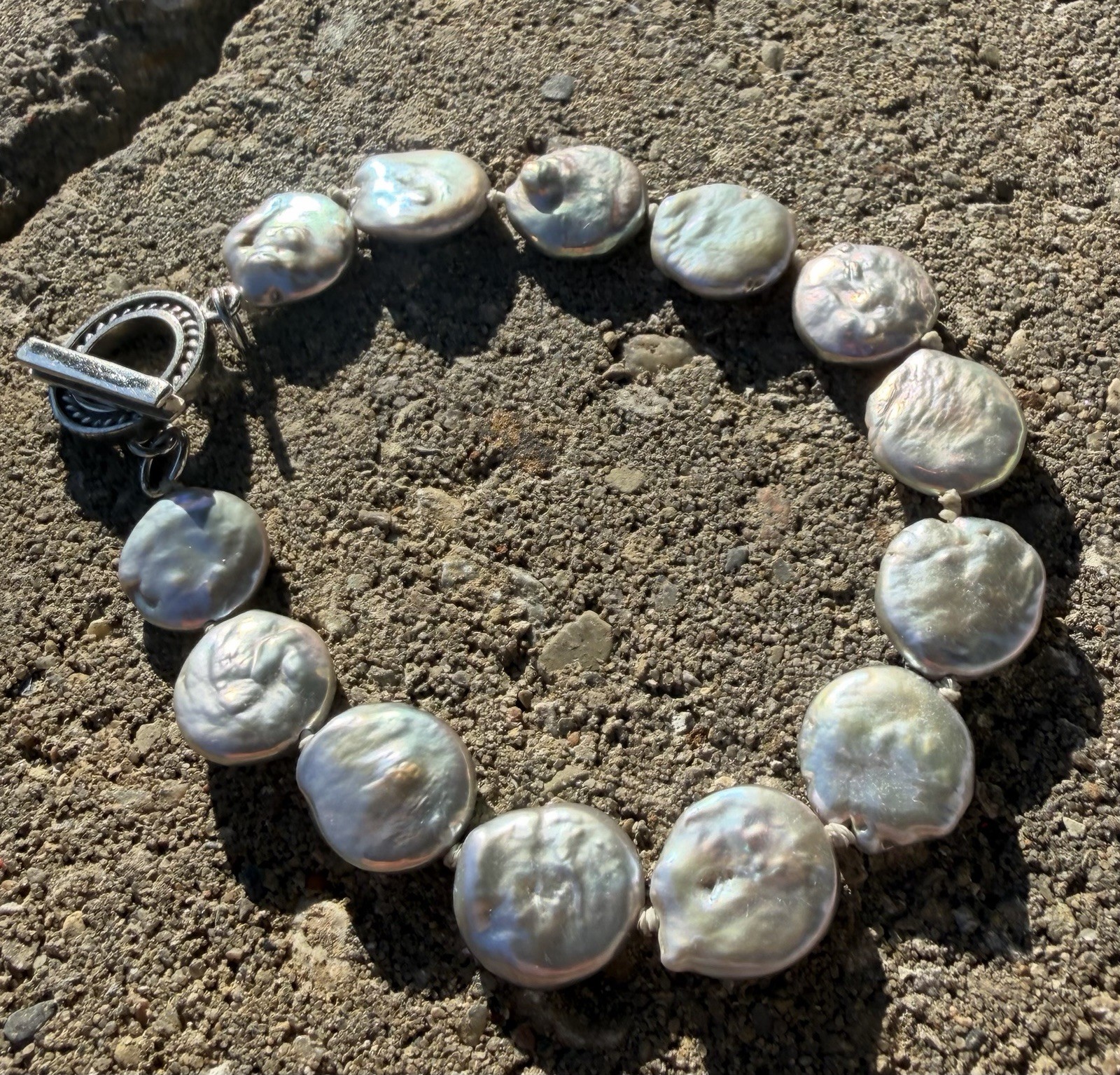 Sterling Silver 12.5mm Freshwater Coin Pearl Bracelet 8.5”
