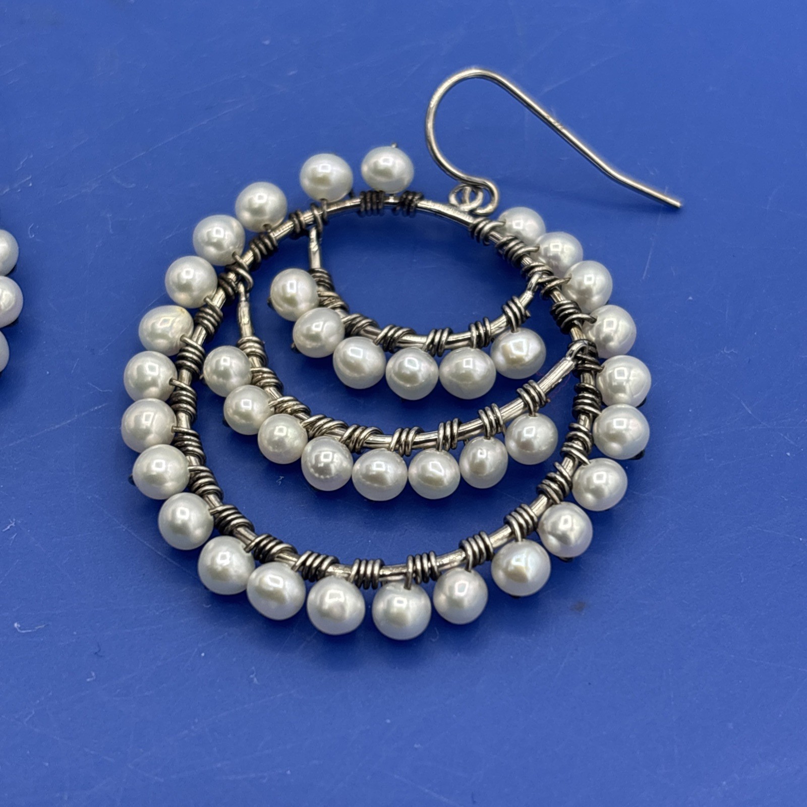 925 Sterling Silver Multi Hoop Wire Wrapped Faux Pearl Dangle Earrings 1.5″