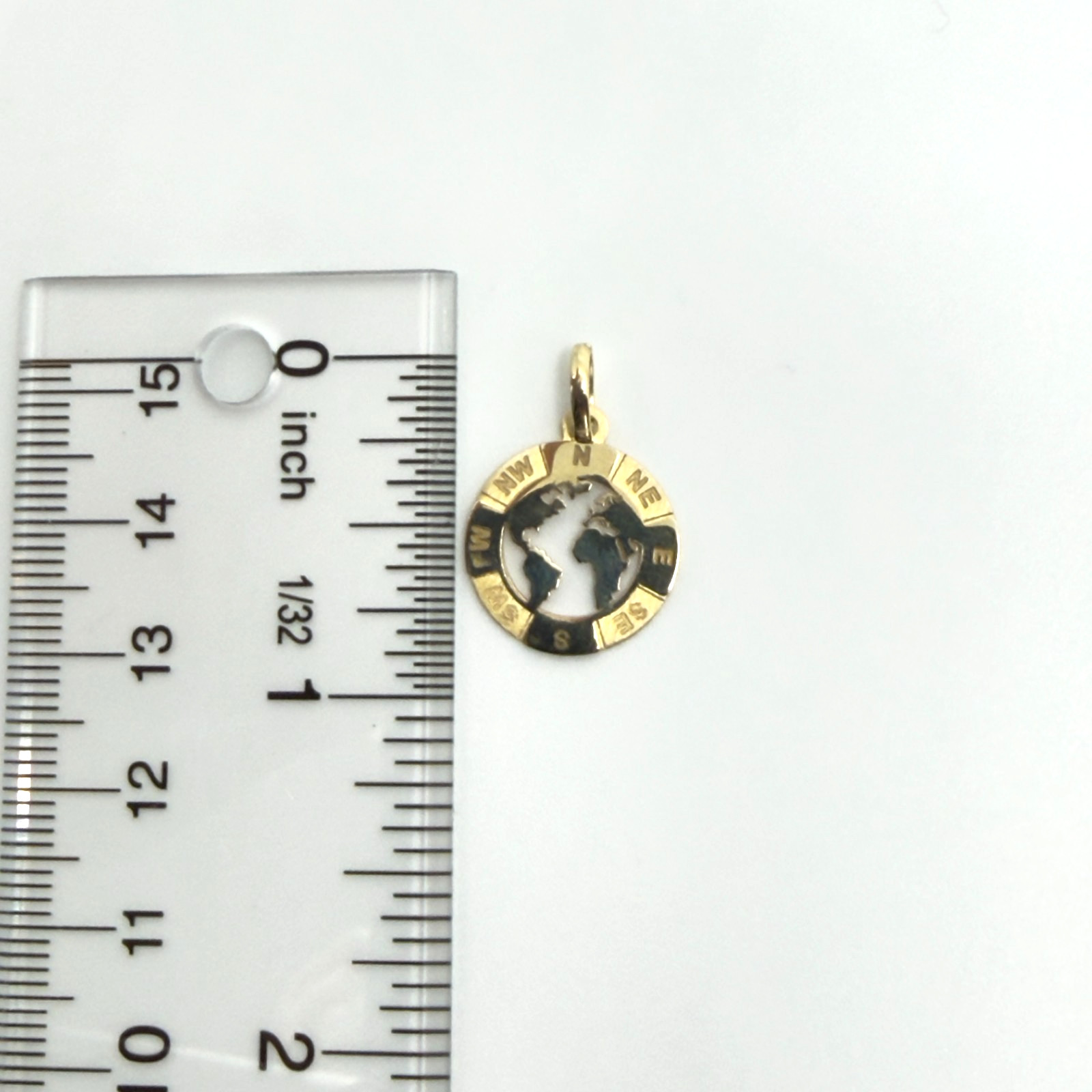 14K Solid Yellow Gold World Map Globe Compass Pendant Travel Charm Unisex