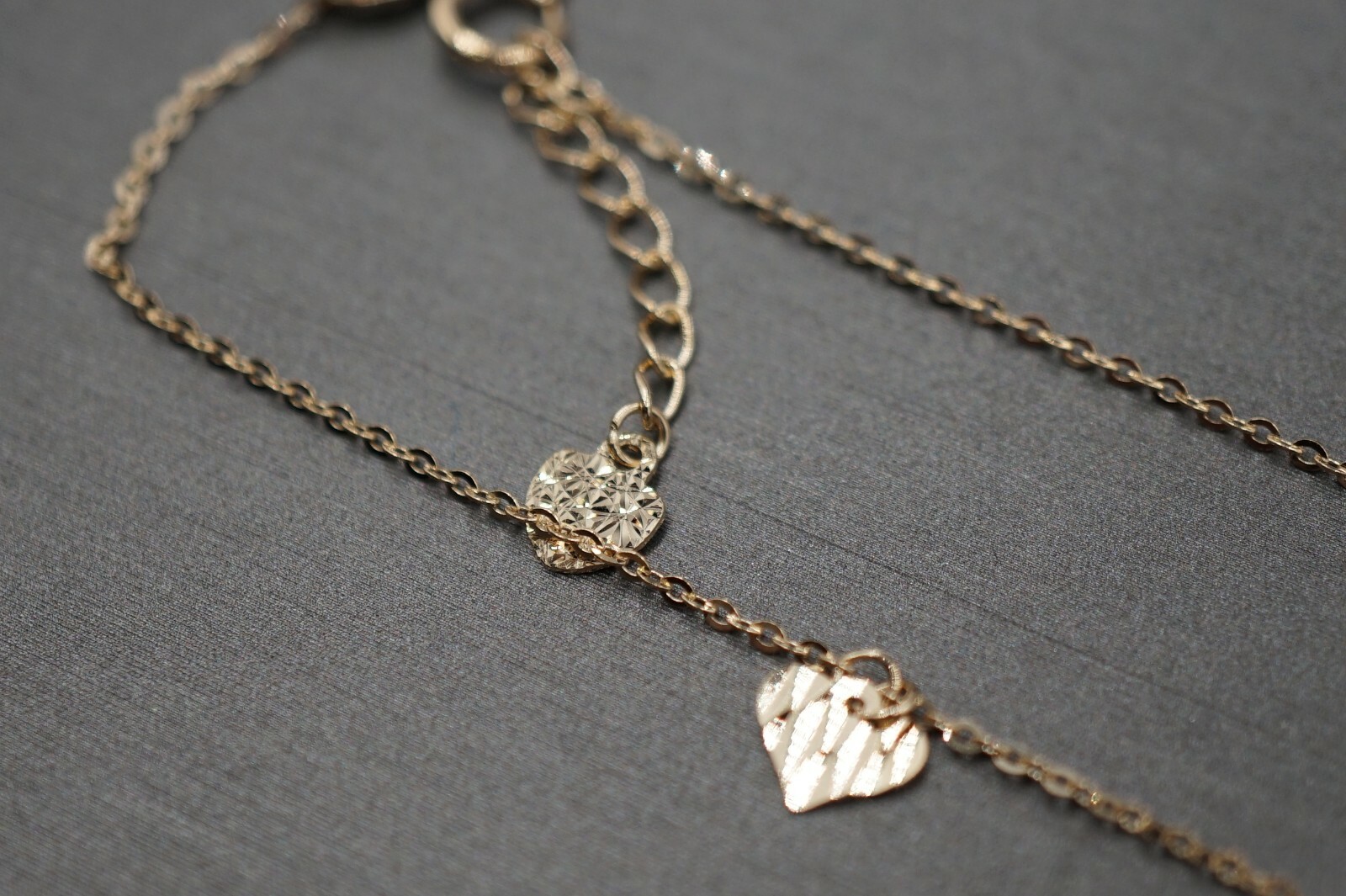 14K Solid Yellow Gold Light Fancy Diamond Cut Heart Charm Ankle Bracelet. 9″+1″