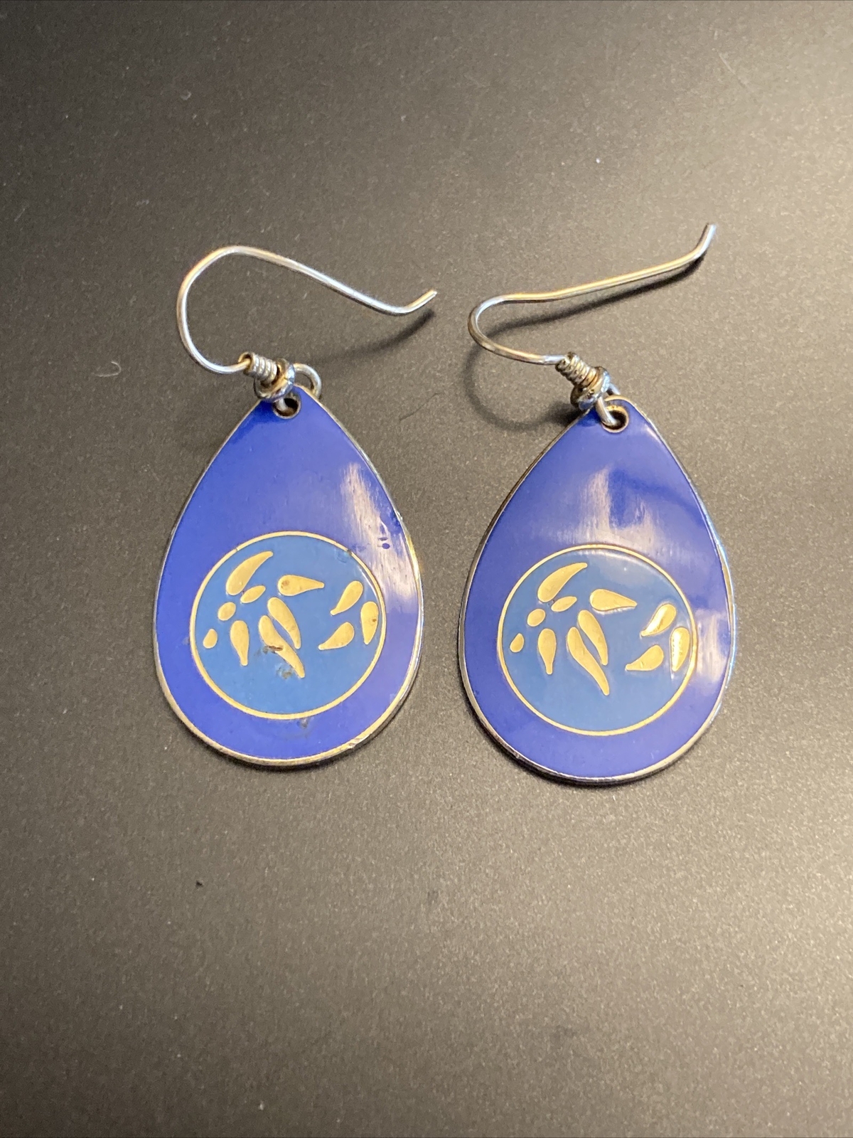 Laurel Burch Two Tone Blue Gold Bamboo Leaves Pierced Dangle Earrings