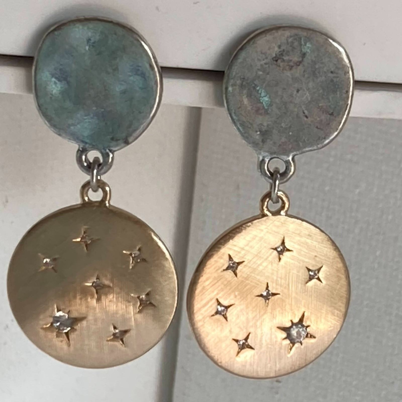 Earrings Constellations Mixed Metals Brushed Gold Finish Prong Set White Stones