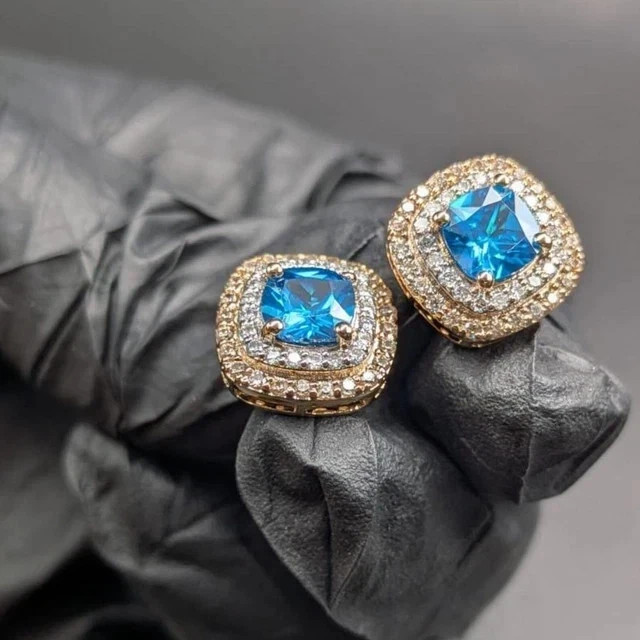 Blue Topaz 2Ct Cushion Cut Lab-Created Women Stud Earring 14K Yellow Gold Plated